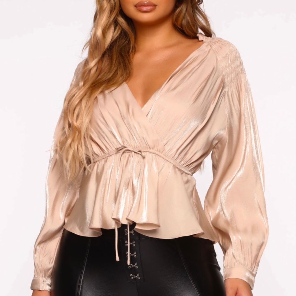 Fashion Nova • M • Wrap Peplum Long Sleeve Blouse Top Shimmer Champagne
